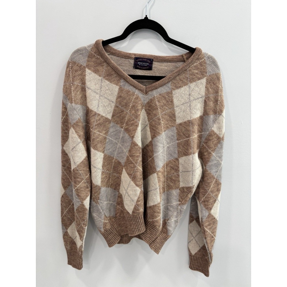 Vintage Dimension by Milford Men's Argyle V-Neck Sweater Brown Tan Wool Blend L
